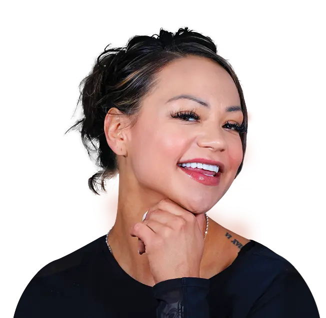 patient of cancun dental design ponting at his perfect smile with veneers