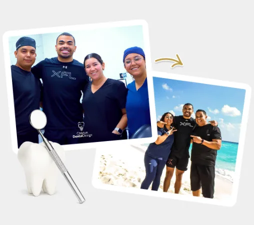 patient of cancun dental design ponting at his perfect smile with veneers